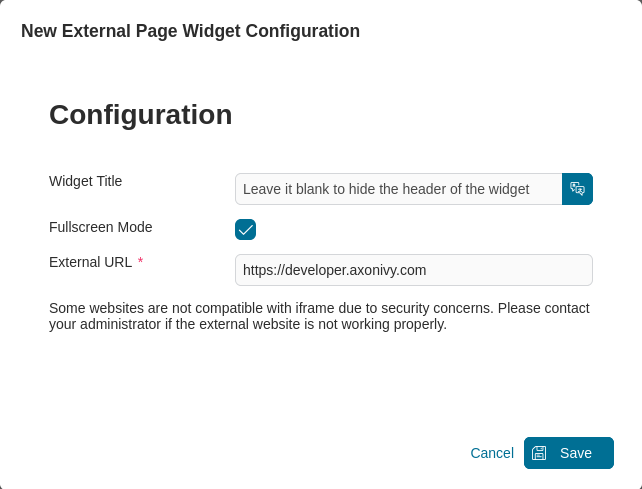 Dashboard external page widget's configuration dialog