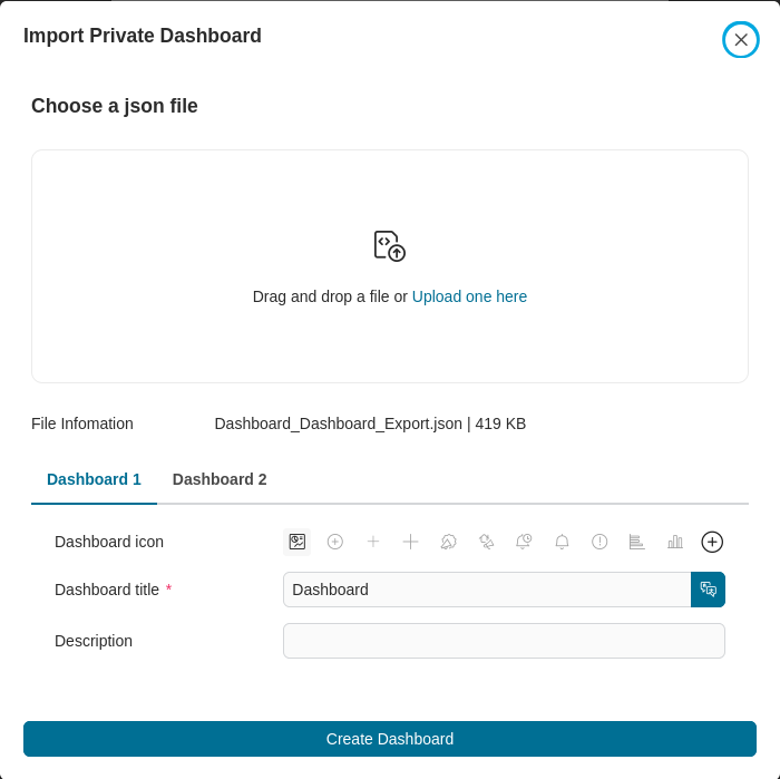 Import private dashboard dialog