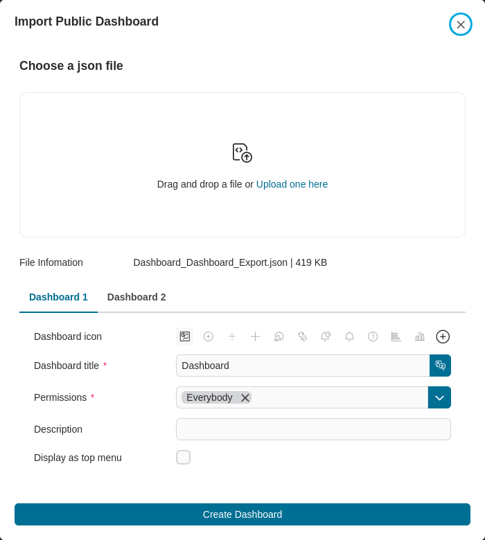 Import public dashboard dialog