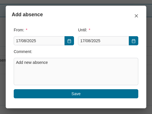 Absences page: Add new absence dialog