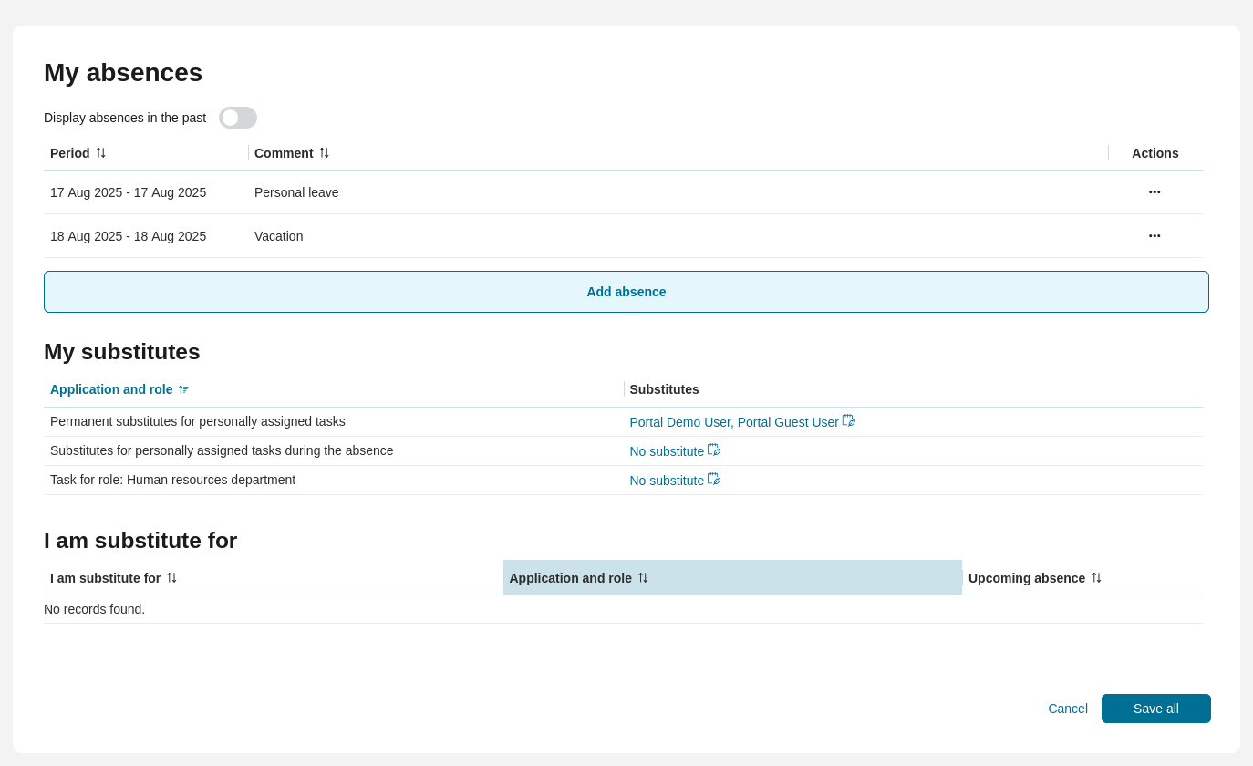 Absences page: Set deputy section