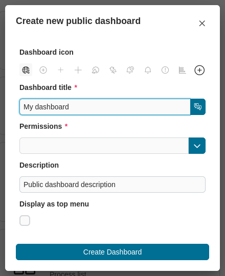 Create public dashboard dialog