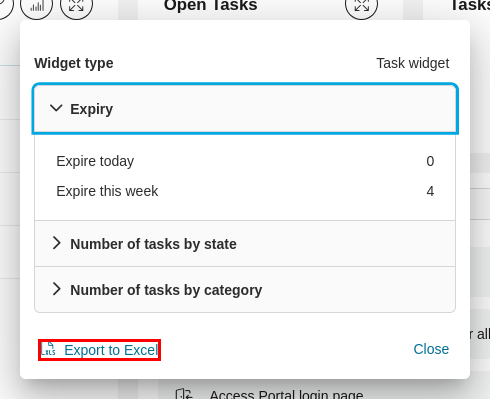 ダッシュボードのタスクウィジェット：Excel へのエクスポート機能