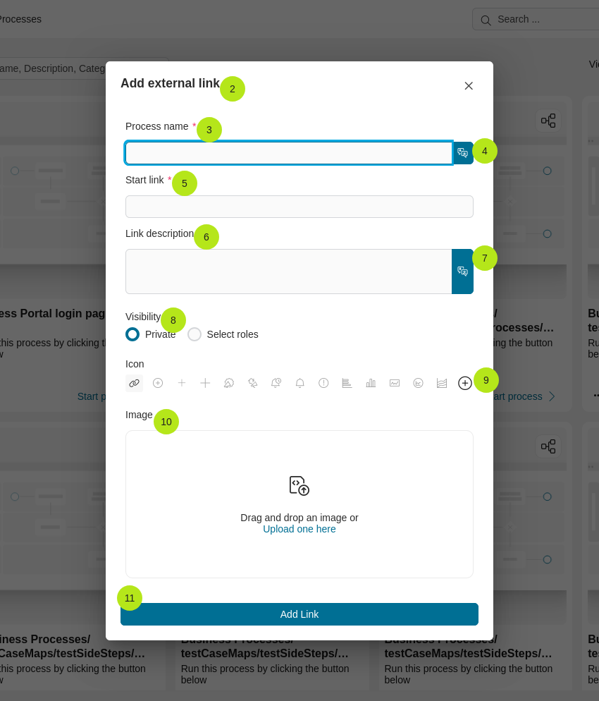 Add new external link dialog