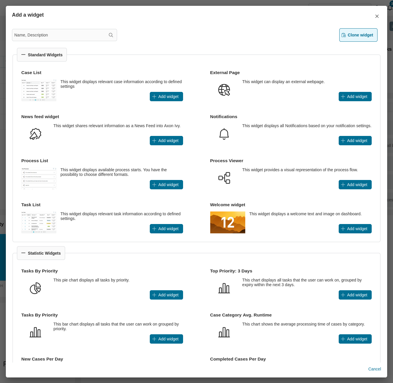Add new widget dialog