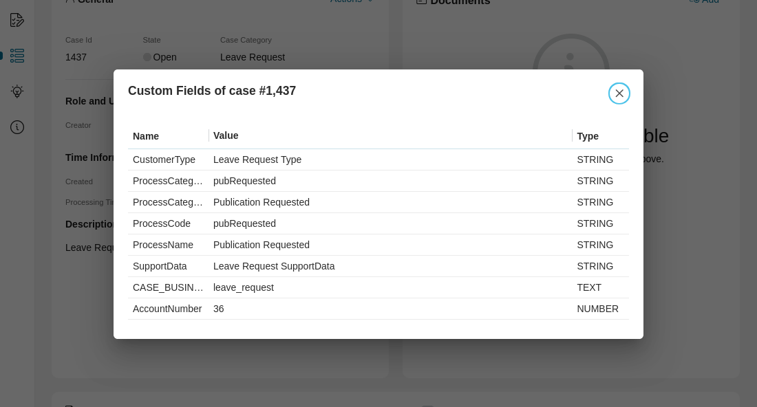 Case Details: custom fields dialog