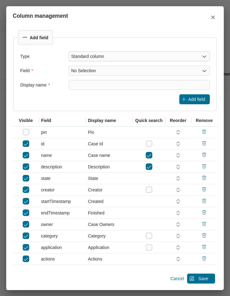 Dashboard case widget's table configuration