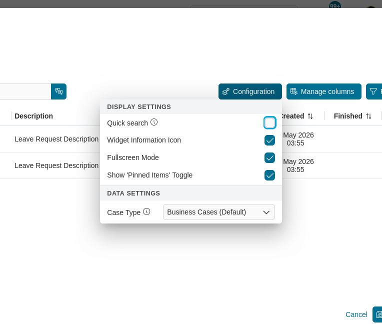 Dashboard case widget's configuration options panel