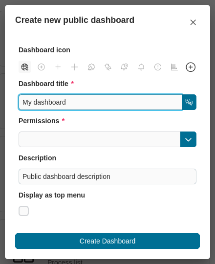 Create public dashboard dialog