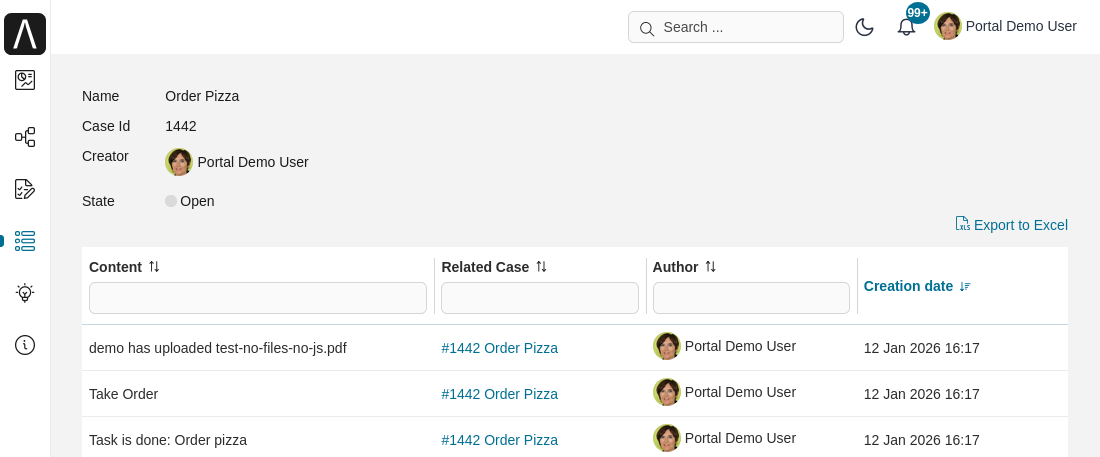 Case Business Information page: Link to export case history
