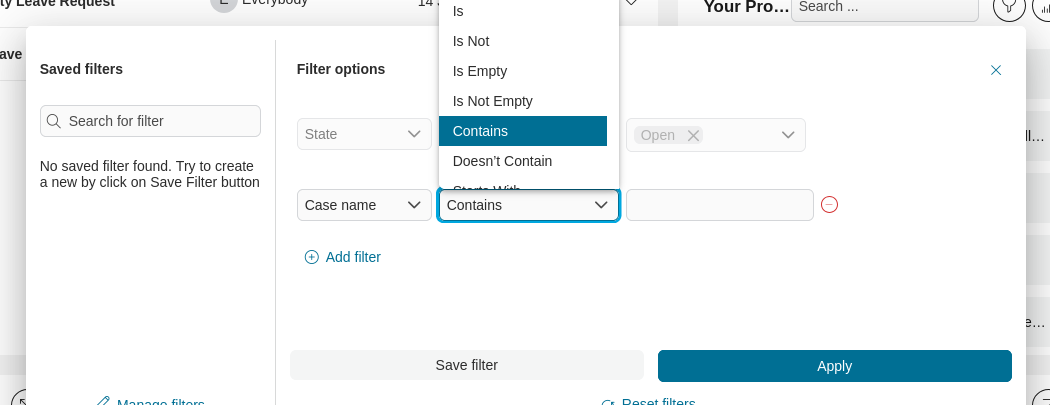 Complex filters's operator selection
