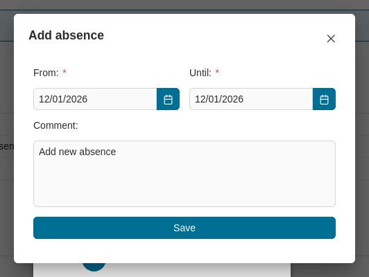 Absences page: Add new absence dialog