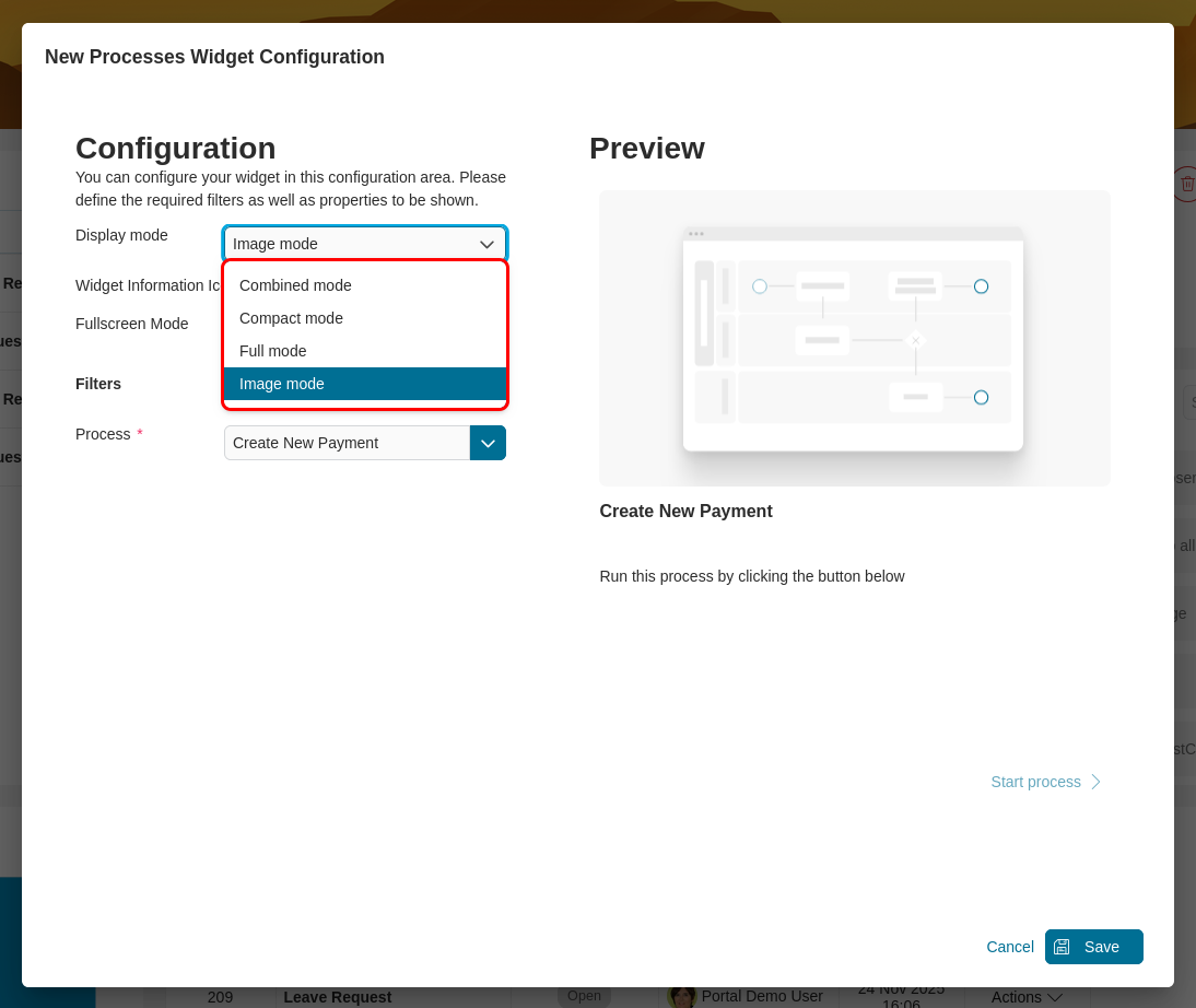 Dashboard process widget mode selection