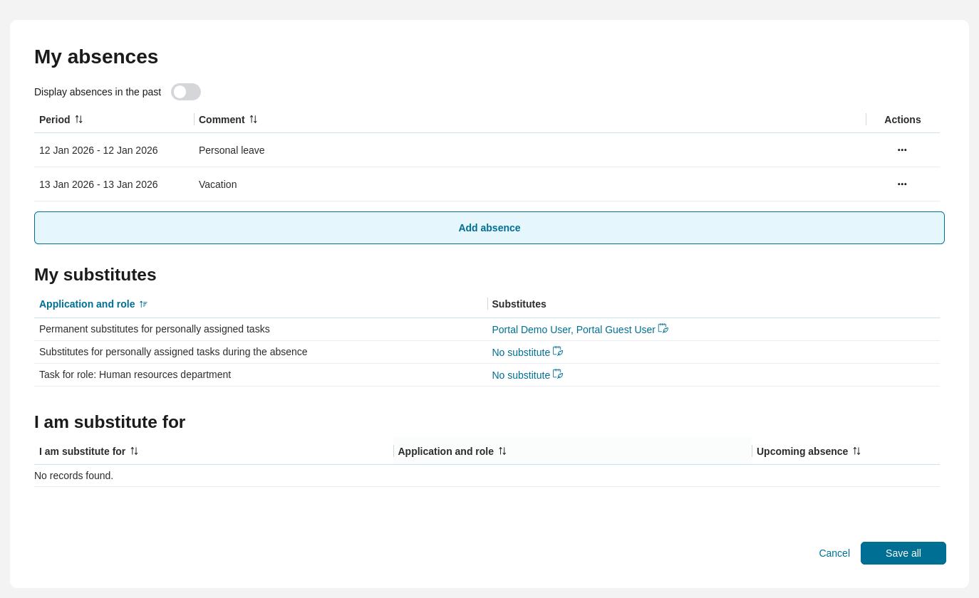 Absences page: Set deputy section