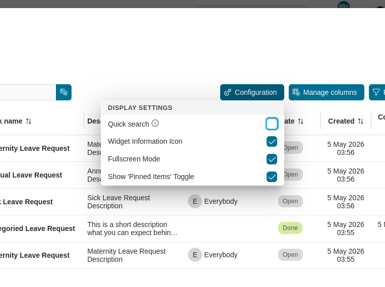 Dashboard task widget's configuration options panel