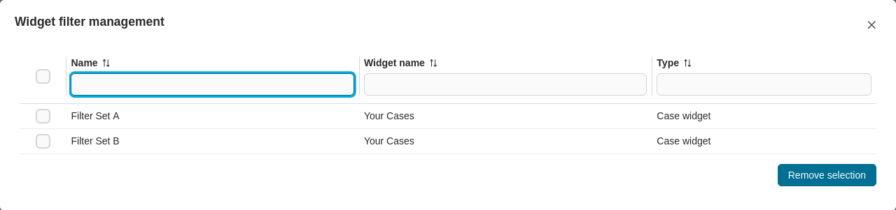 Widget filter management dialog