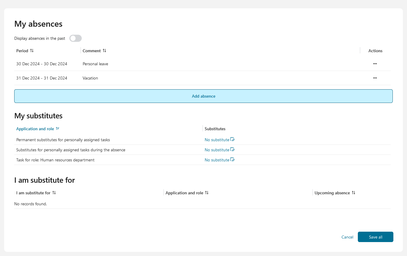 Absences page