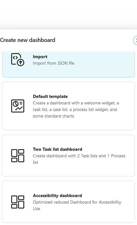 Dashboard template selection dialog
