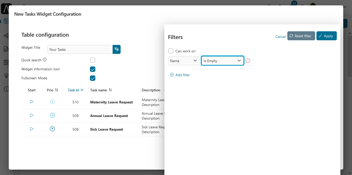 Dashboard task widget's configuration panel