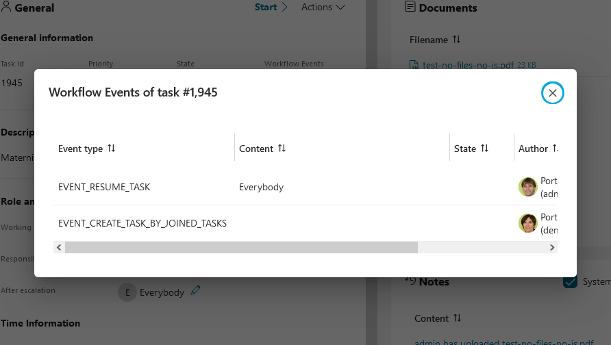 Workflow events of task dialog