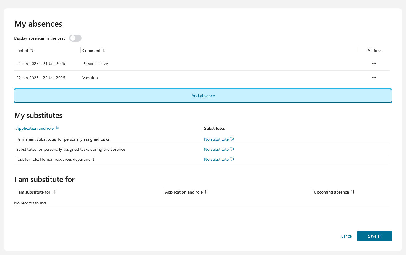 Absences page