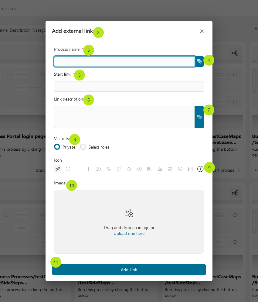 Add new external link dialog