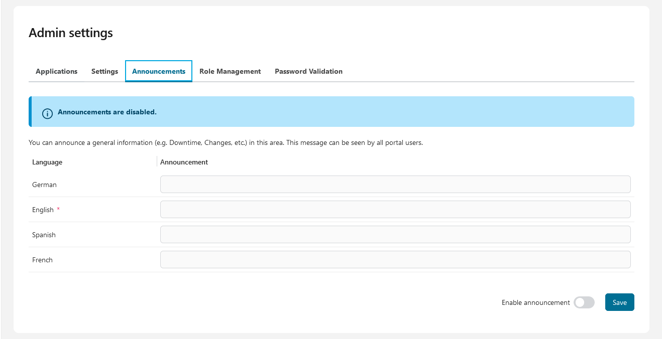Admin setting: Announcement