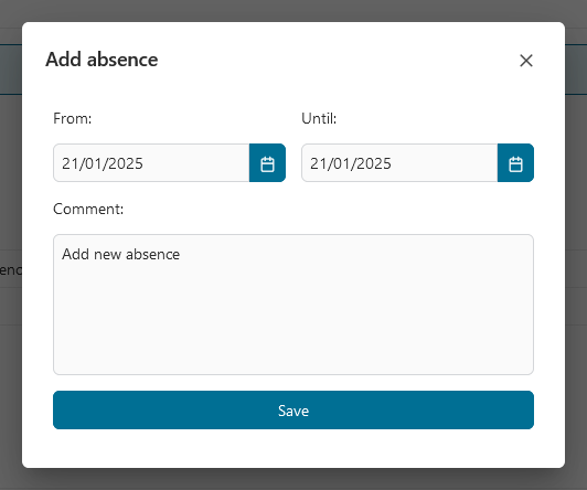 Absences page: Add new absence dialog
