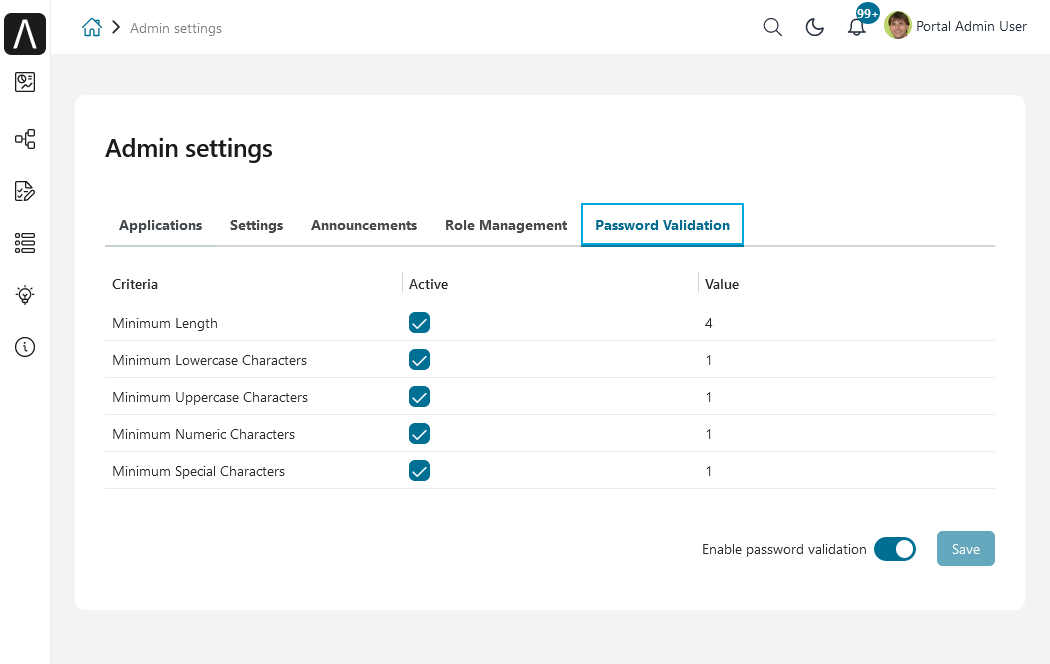 Admin setting: Password Validation