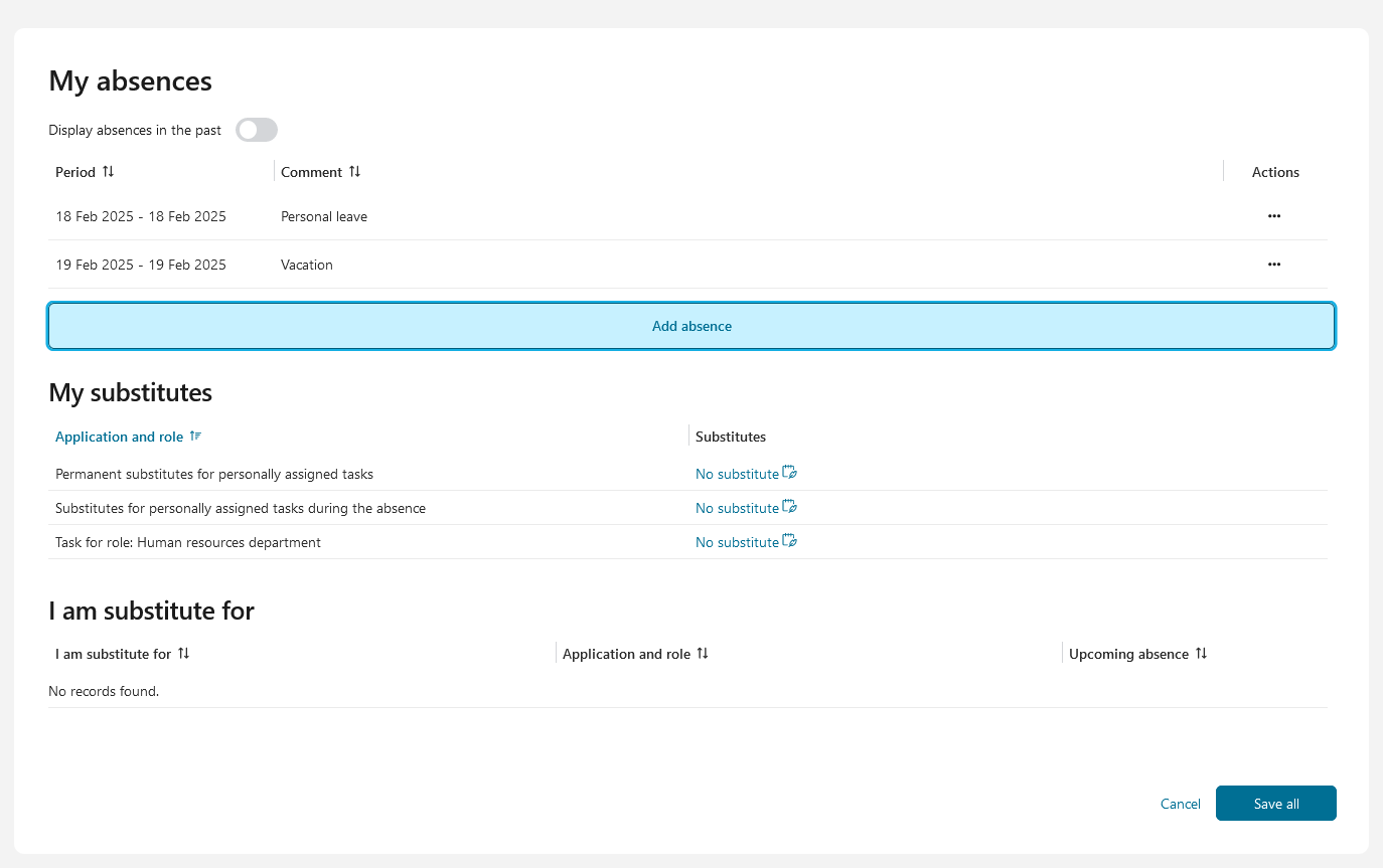 Absences page