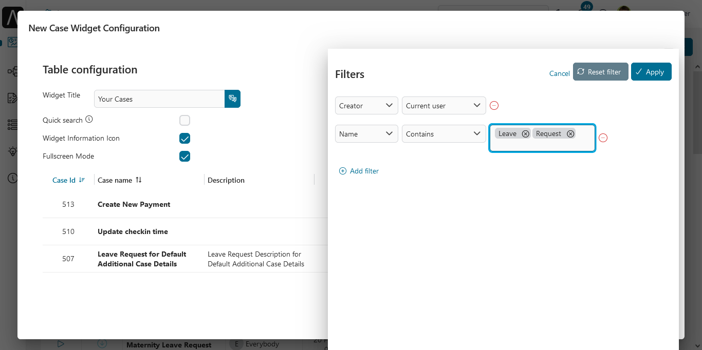 Dashboard case widget's configuration panel