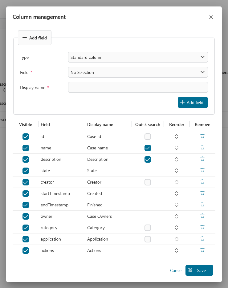 Dashboard case widget's table configuration