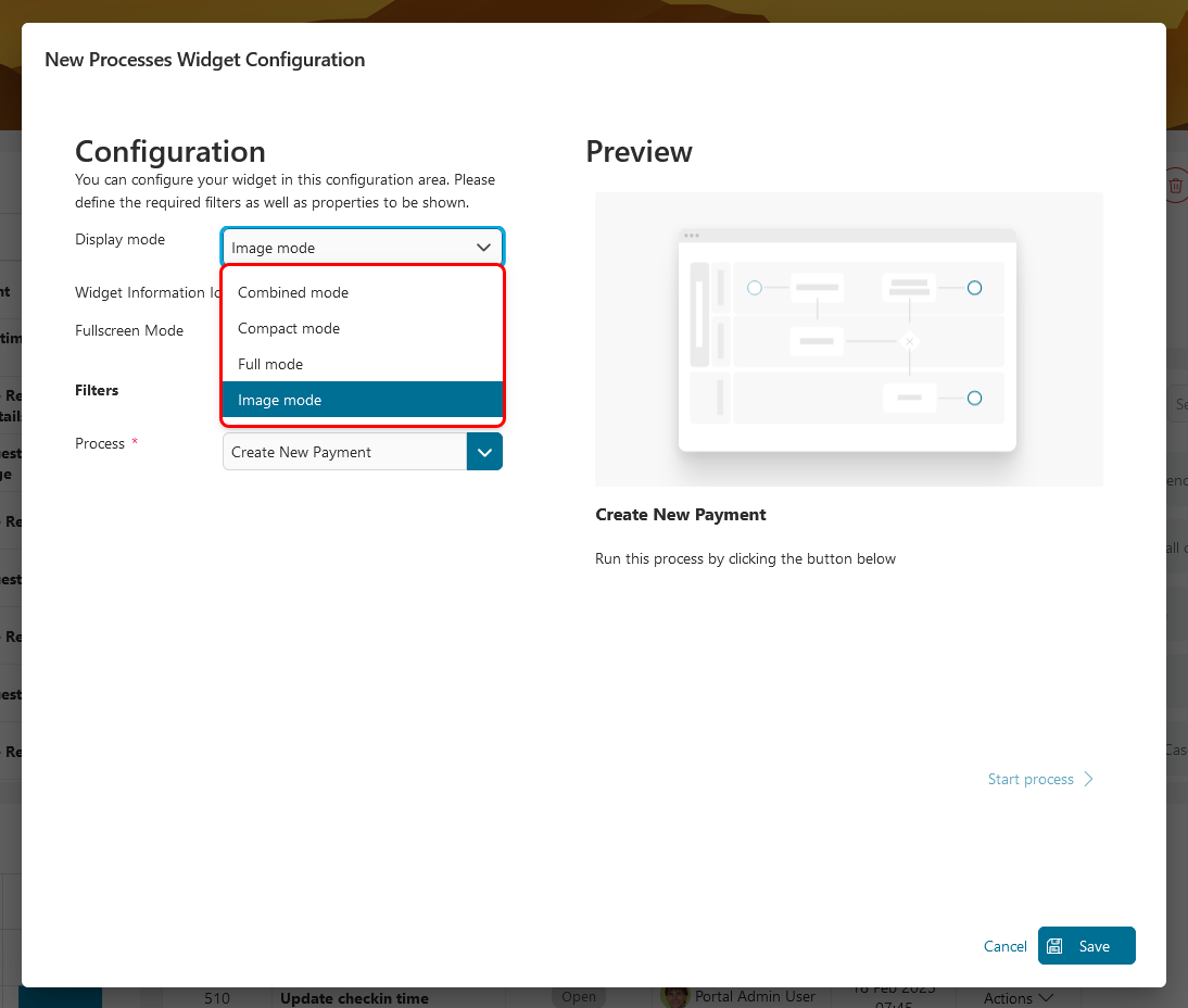 Dashboard process widget mode selection