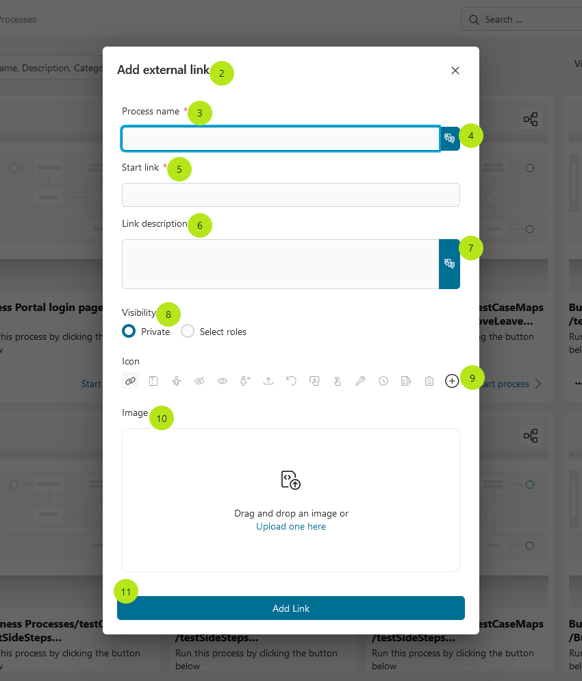 Add new external link dialog