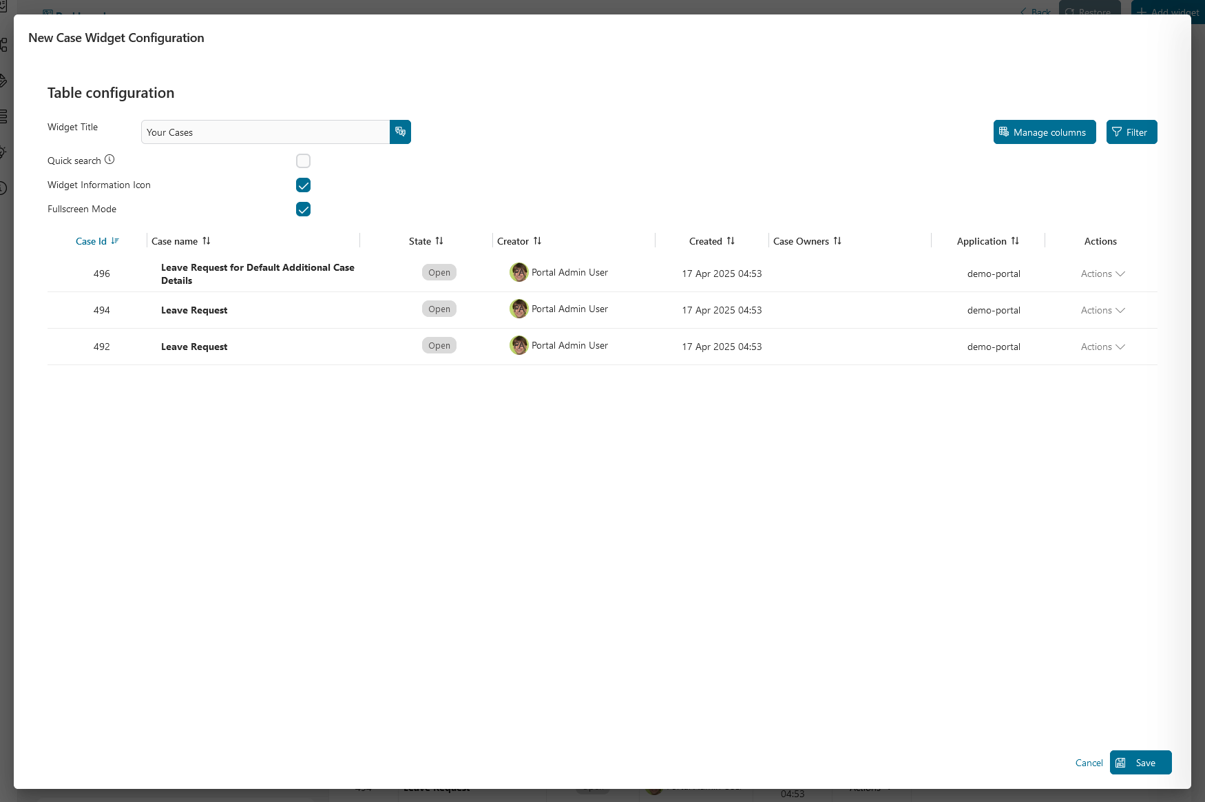 Dashboard case widget's configuration dialog