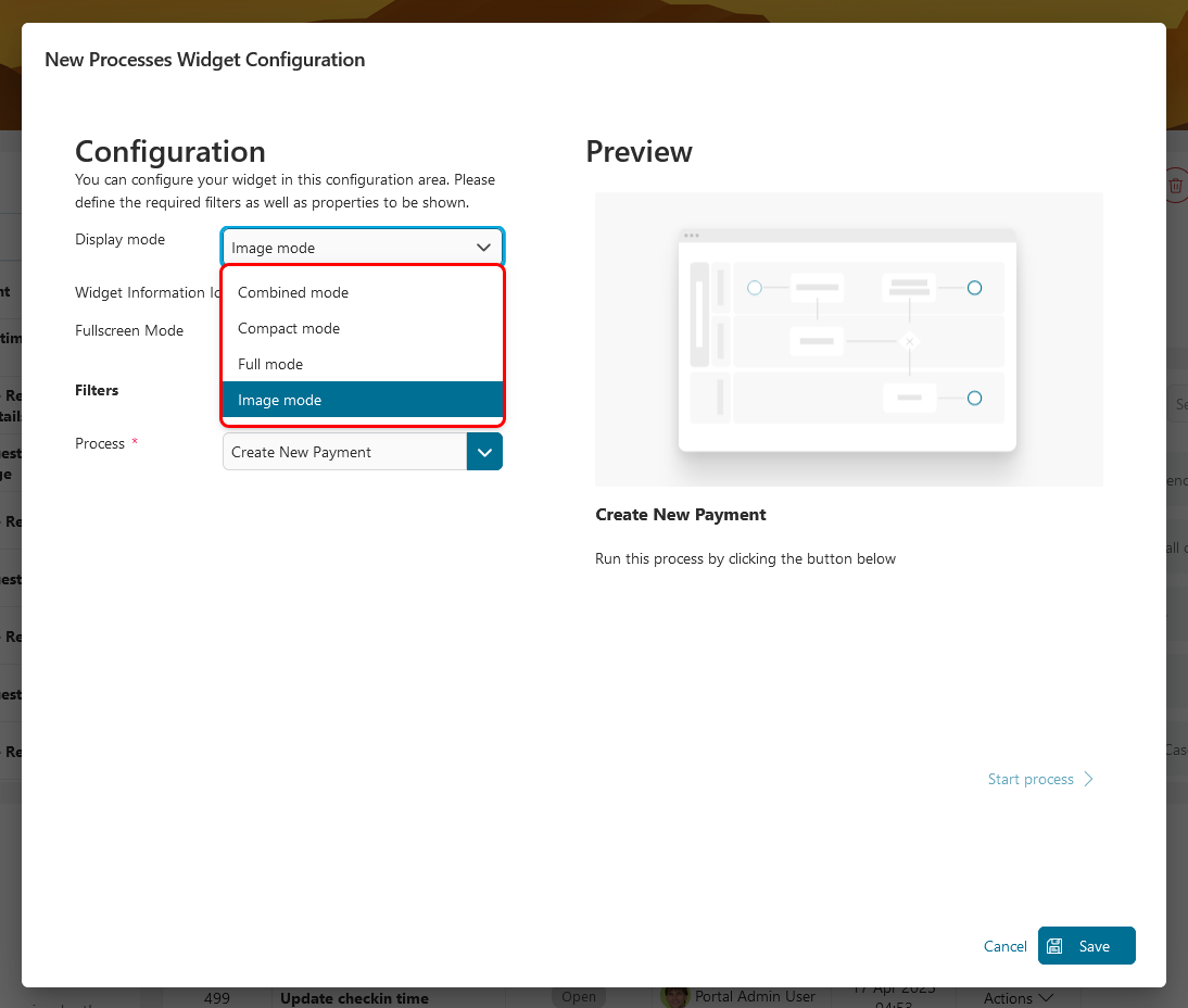 Dashboard process widget mode selection