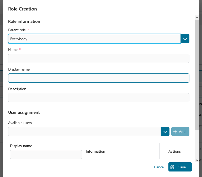 Admin setting: role creation dialog