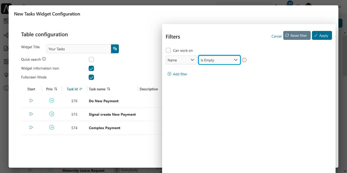 Dashboard task widget's configuration panel
