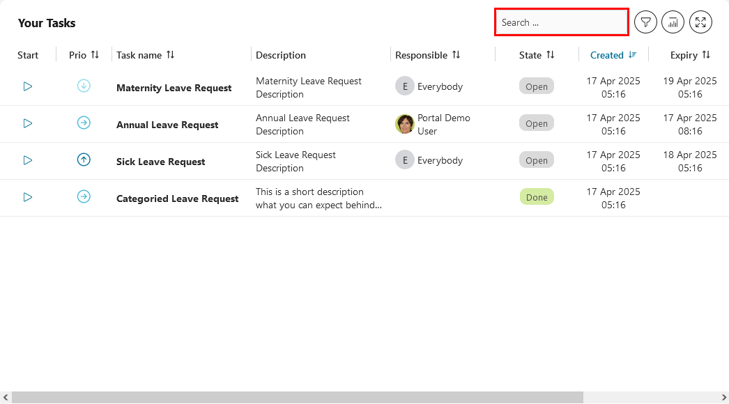 Dashboard task widget's quick search