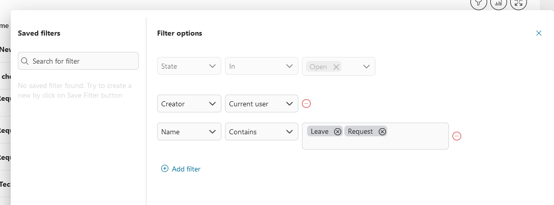 Dashboard widget's filters panel