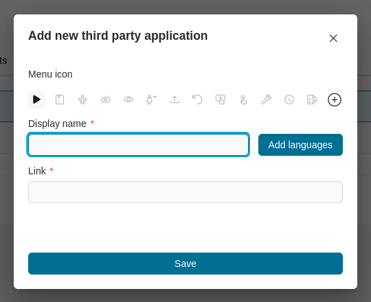 Admin setting: Add application dialog