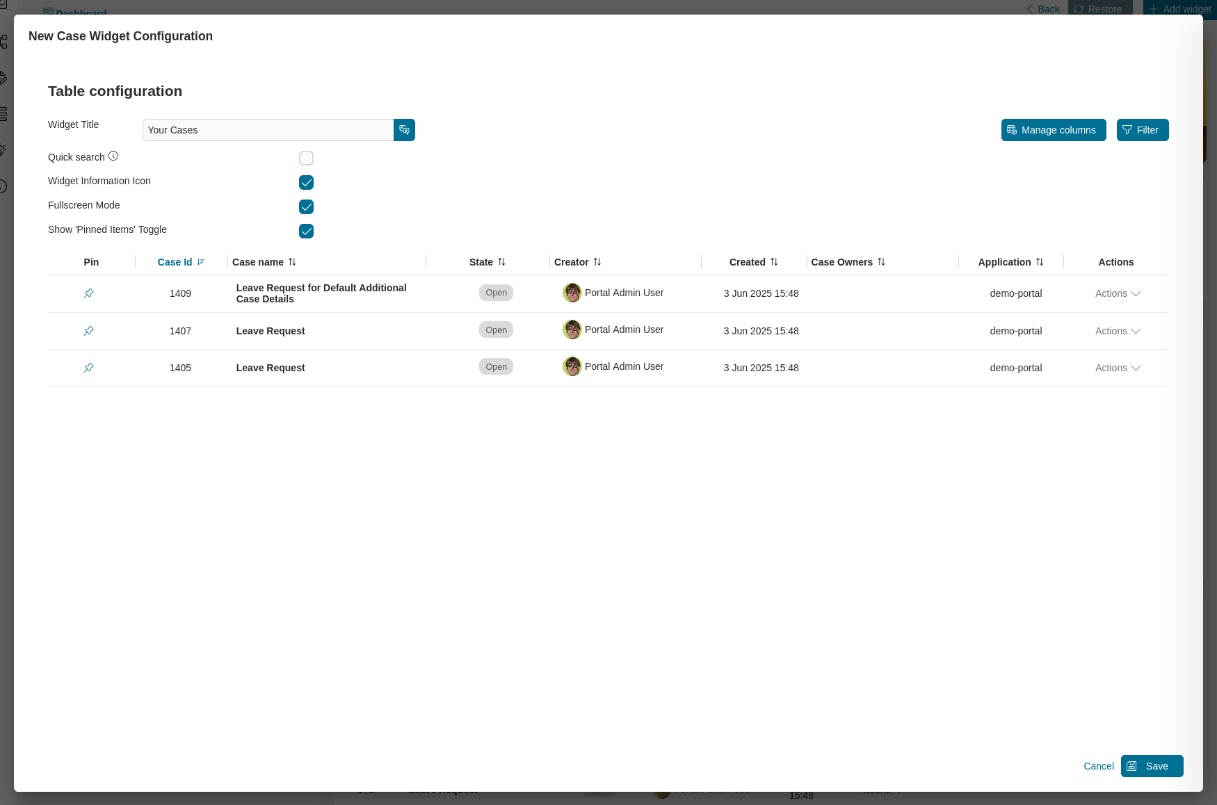 Dashboard case widget's configuration dialog