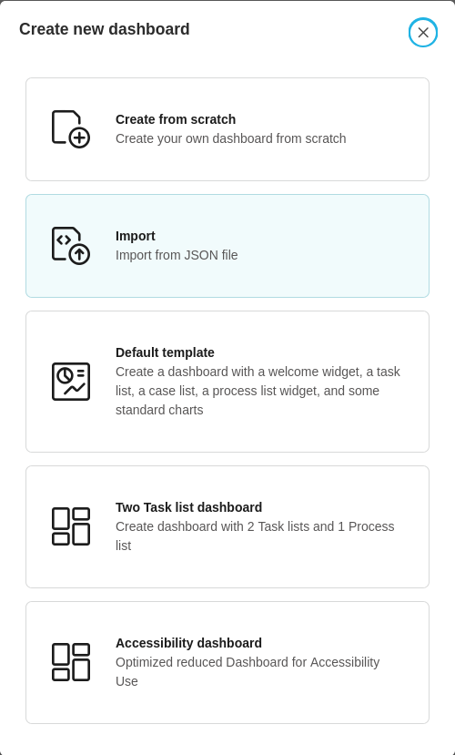 Dashboard template selection dialog