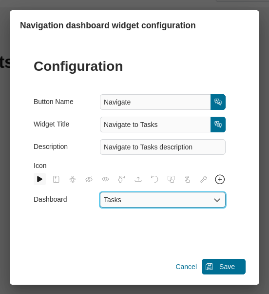 Navigation dashboard widget configuration