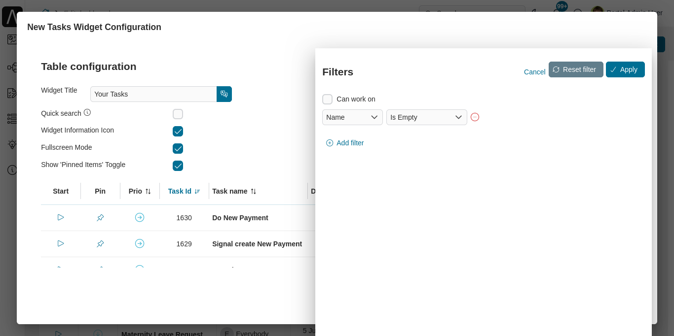 Dashboard task widget's configuration panel