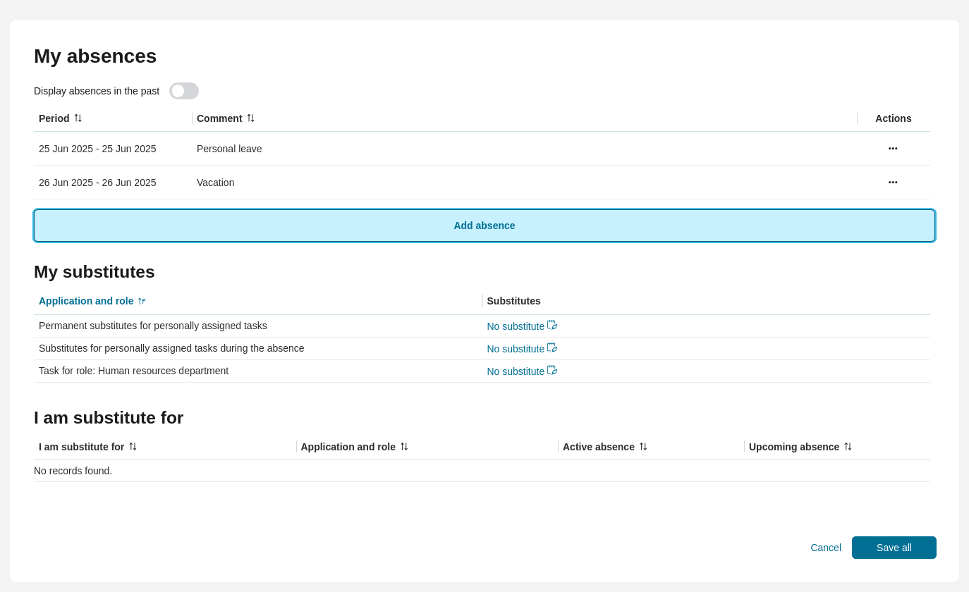 Absences page