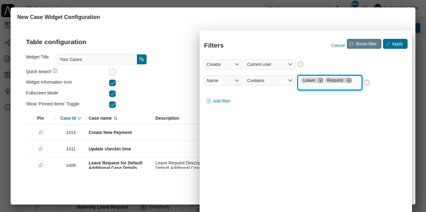 Dashboard case widget's configuration panel