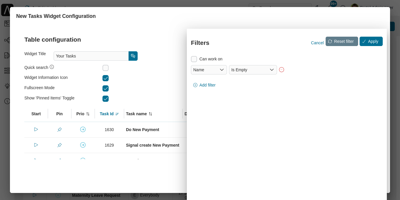 Dashboard task widget's configuration panel