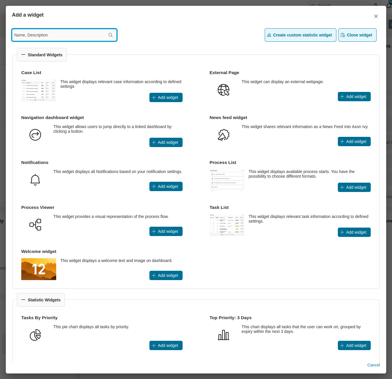 Add new widget dialog