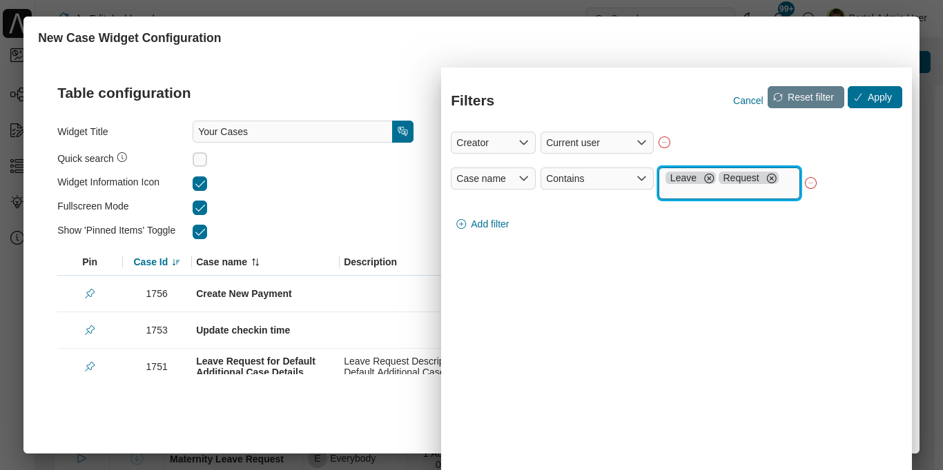 Dashboard case widget's configuration panel